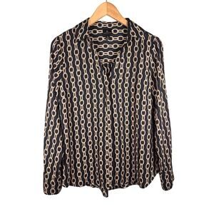Worthington Chain Print Link Pattern Long Sleeve Button Up Black Gold L Business